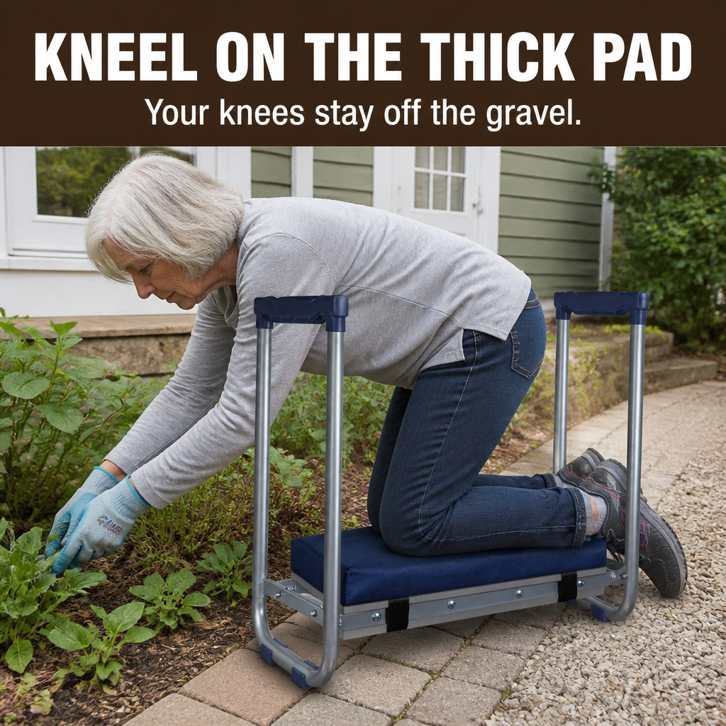 Kneel on the thick pad, knees off the gravel