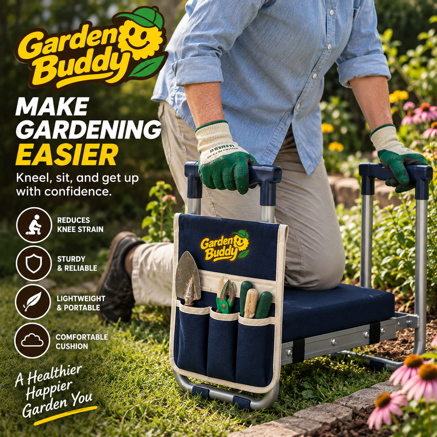 The Garden Buddy shown from every angle with dimensions