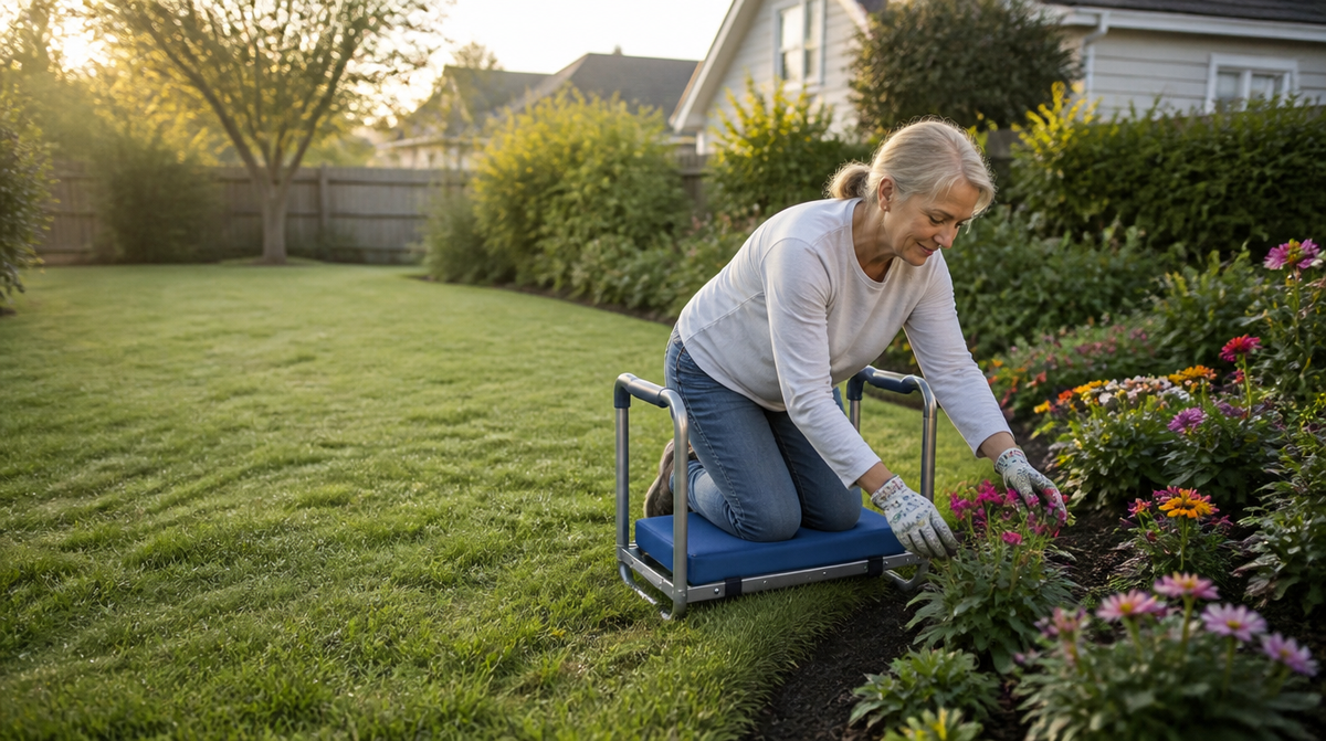 Kneeling comfortably in a flower bed at sunrise