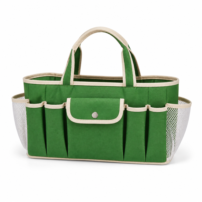 Green canvas storage bag with pockets