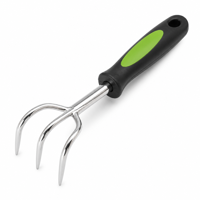 Curved three-tine hand rake